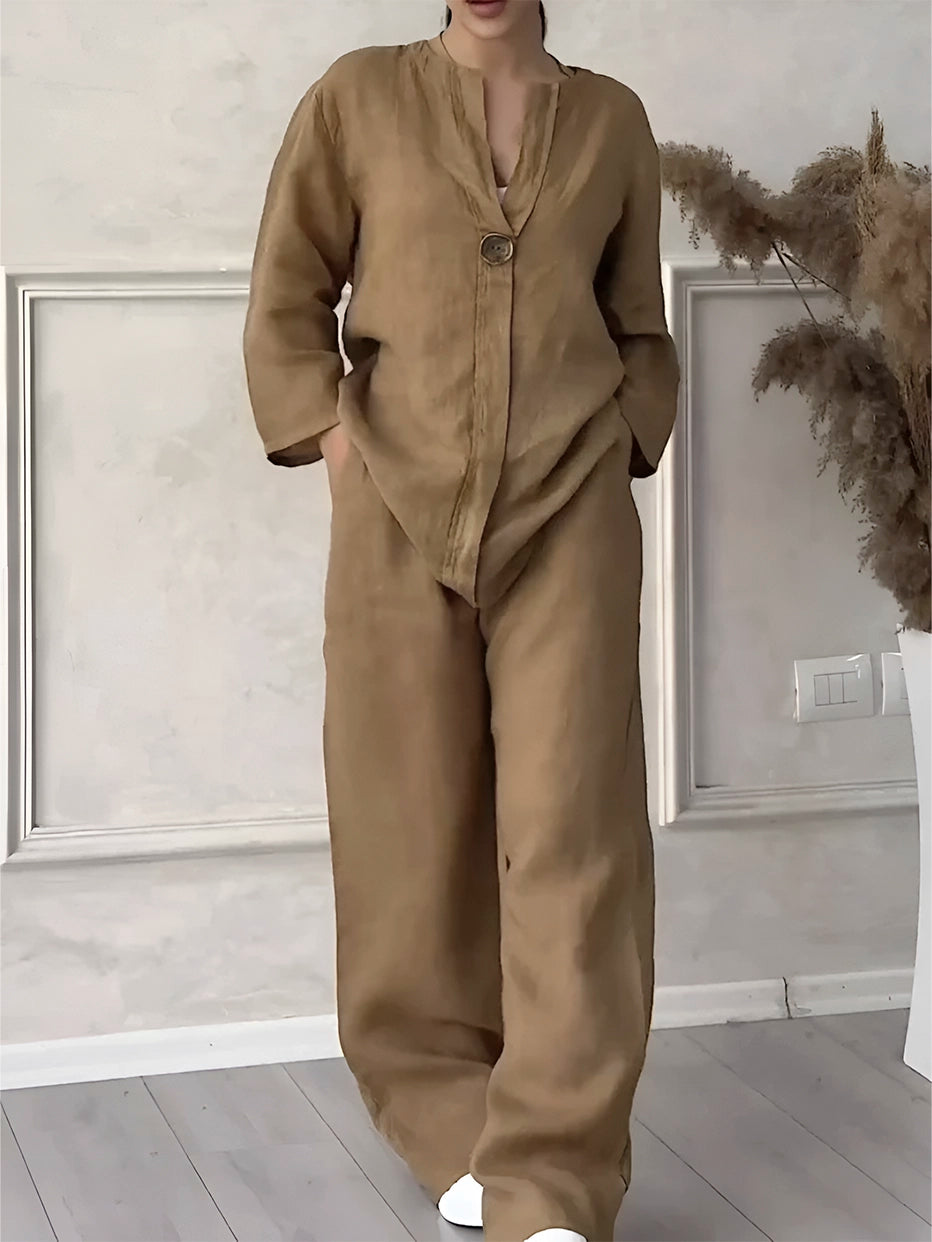 Conjunto Gaby | Linho Premium Manga Comprida + Calça Larga Verão 2025 (CONFORT V10)