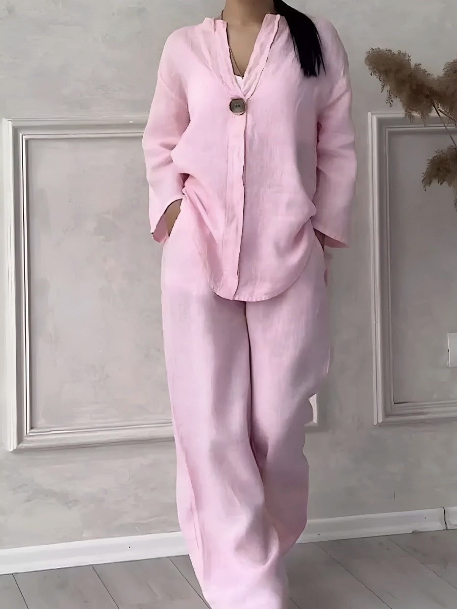 Conjunto Gaby | Linho Premium Manga Comprida + Calça Larga Verão 2025 (CONFORT V10)